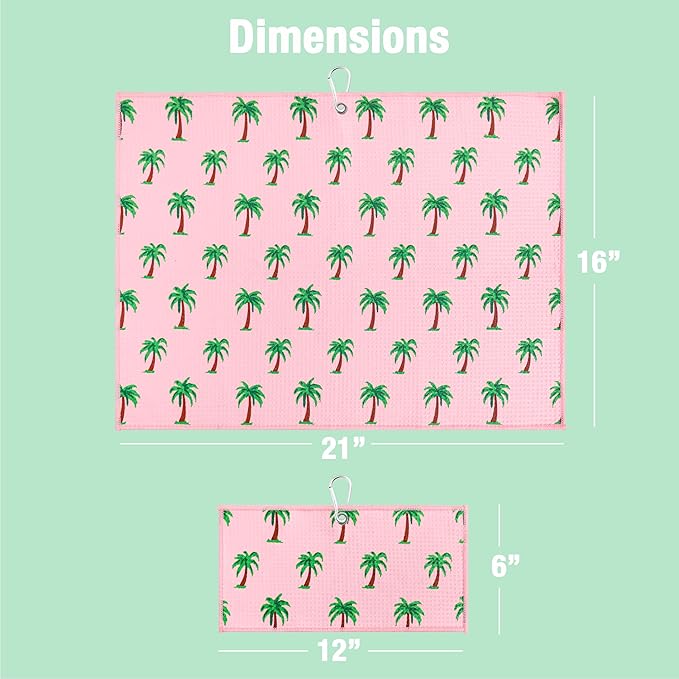 Microfiber Golf Towels for Golf Bags & Carts - Premium Weave Waffle & Ball Towels with Carabiner Clip, Essential Accessories for Men, Women, and Kids, Golfer Gifts, Set of 2 (Palm Trees)