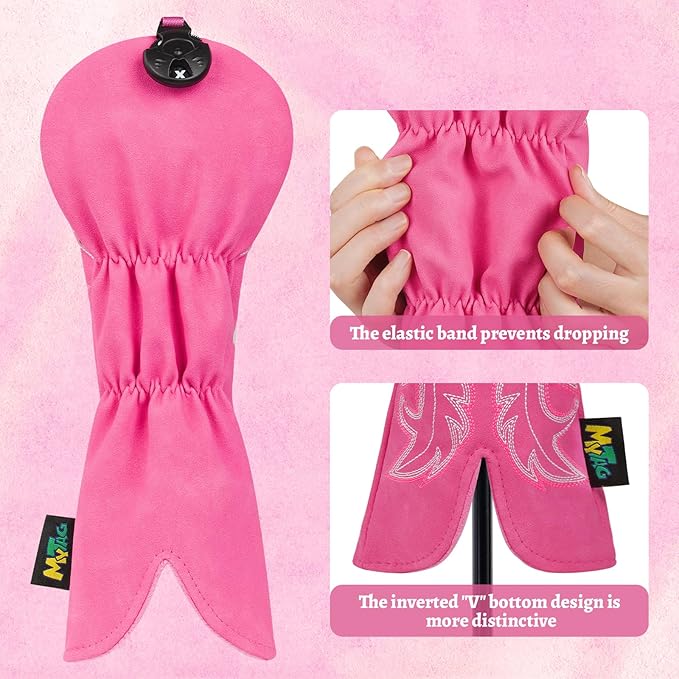 mytag Pink Golf Club Head Covers, Western Cowboy Retro Golf Headcovers with Patch & Embroidery Driver Fairway Wood Hybrids/Rescue Covers