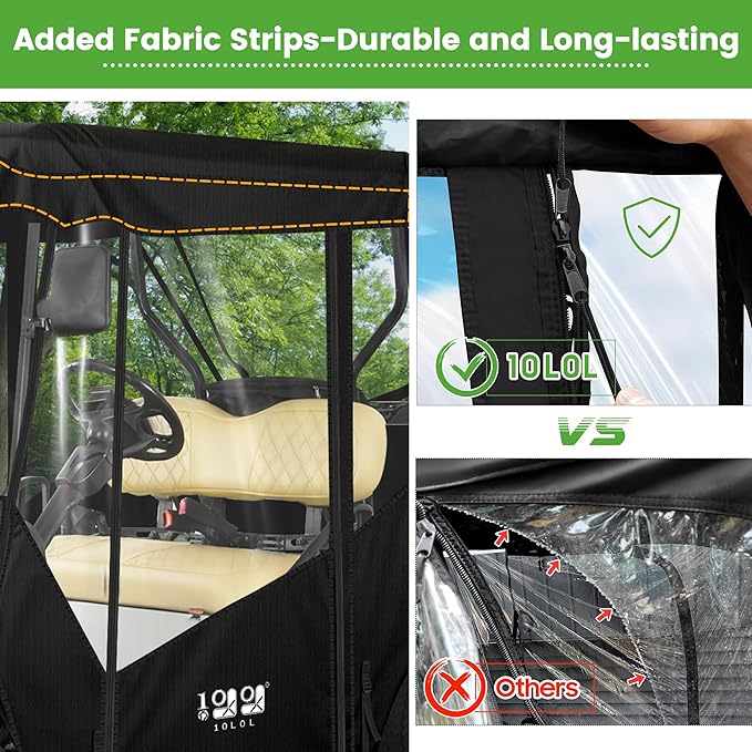 10L0L 2 Passenger Golf Cart Enclosure -61" Roof Fit Universal for EZGO TXT RXV & Club Car DS Precedent with Side Mirror Openings,Waterproof 600D Rain Cover,Transparent Tail Light Panel,4-Sided Windows