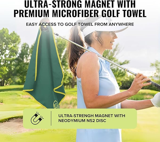 Stripebird - Magnetic Golf Towel (Green) - Microfiber Golf Towel with Built-in Ultra-Strong Neodymium Magnetic Towel - 18" x 18" Golf Bag Towel