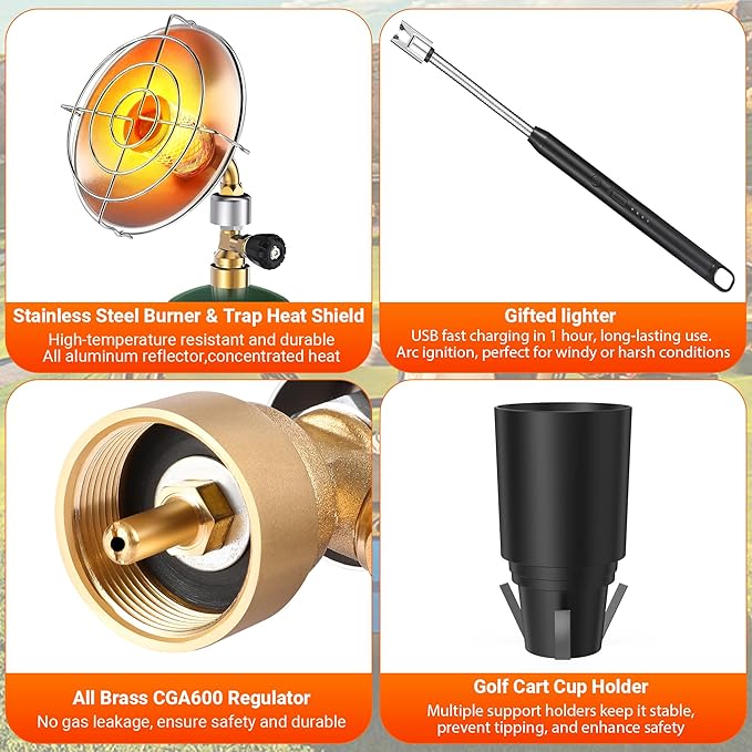 Propane Golf Cart Heater 9,200BTU Portable Heater with Windproof Lighter for Tents Camping with Golf Cart Cup Holder for EZGO Yamaha Club Car Most Golf Cart(Fuel Cylinder not included)