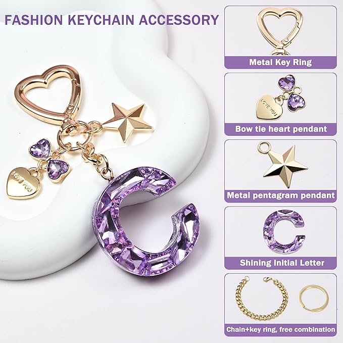 Cute Bling Keychain initial Letter Butterfly Star Pink Purple Gift for Women Girls Bag Cup Charms Accessories