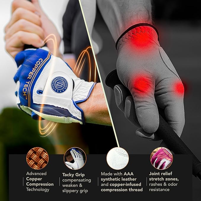 Copper Tech Plus (2 Pack) Golf Gloves Men Right Handed Golfer Or Left Handed Golfer | Copper Compression Joint Support with Flexible & Comfortable Fit | AAA Leather Construction & Tacky Silicone Pad