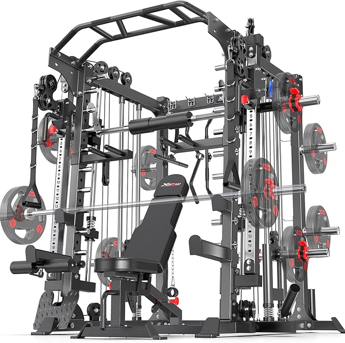 Smith Machine，Multi-Function Squat Rack Power Cage with Cable Crossover System,with Optional Weight Bench, Olympic Barbell Weight Set, for Home Gym