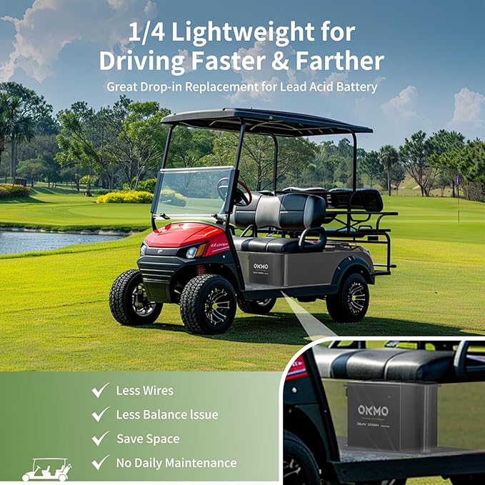 OKMO 36V 100Ah Lithium Golf Cart Battery Built-in Smart 250A BMS with 43.8V 22A Battery Charger APP Supported 4000+ Cycles