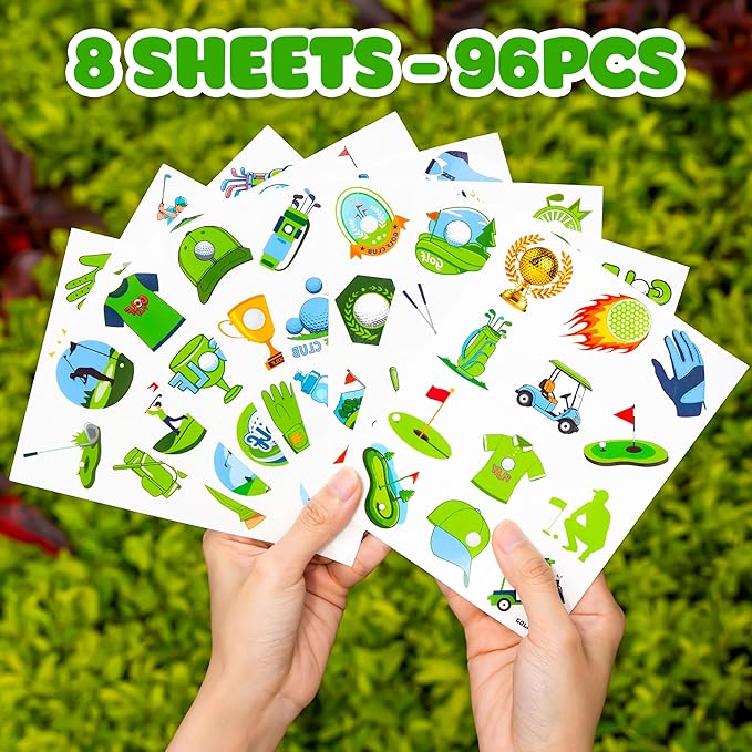 96 PCS Golf Sport Pre-Cut Temporary Tattoos | Super Cute Themed Birthday Party Favors, Supplies, Decorations, Green Sport Fake Tattoo Stickers (Multiple)