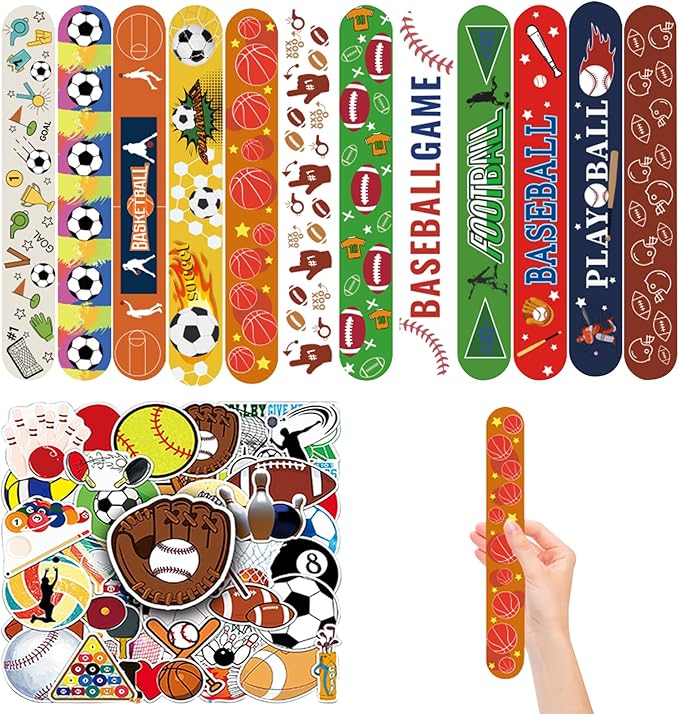 74Pcs Sports Theme Party Favors 24 Pcs Ball Theme Slap Bracelets 50 Pcs Sport Theme Stickers ，Sports Party Team Gift Fillers School Classroom games Rewards Supplies