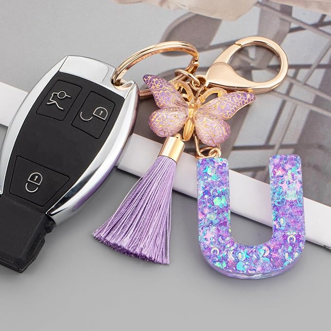 Suweibuke Colourful Cute Initial Letter Keychains for Women Girls with Tassel Butterfly, Charm for Purse Handbags Backpacks