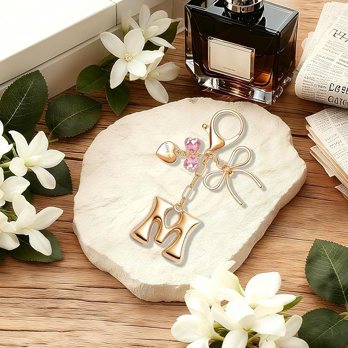 Gold Bubble Initial Keychain with Bow Decoration Bag Charms for Women, Cute Purse Handbag Accessories Gift