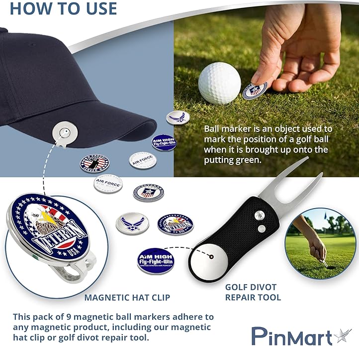 PinMart’s Officially Licensed United States Veteran Bundle Pack of 9 Golf Ball Markers - Golf Accessories for Men and Women - Magnetic Veteran Ball Markers Set of 9
