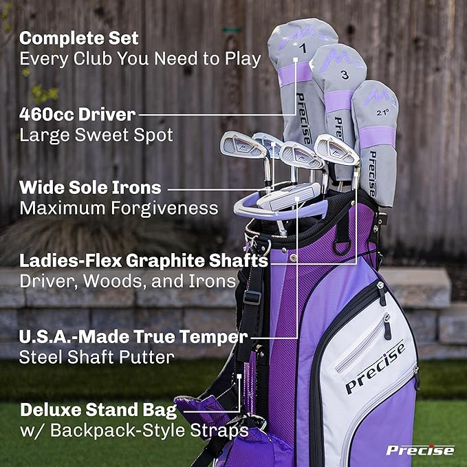 Precise M3 Ladies Complete Right Handed Golf Club Set | Complete Regular & Petite Womens Golf Clubs Set | with 3 HC's, Lightweight Shafts & Spacious Stand Bag w/Storage Pockets & Dual Carrying Straps