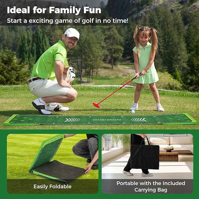 Goplus Putting Green Mat, Portable Golf Game Set with 2 Adjustable Putters, 6 Balls, Carrying Bag, Golf Putting Mat for Party, Practice, Home, Backyard
