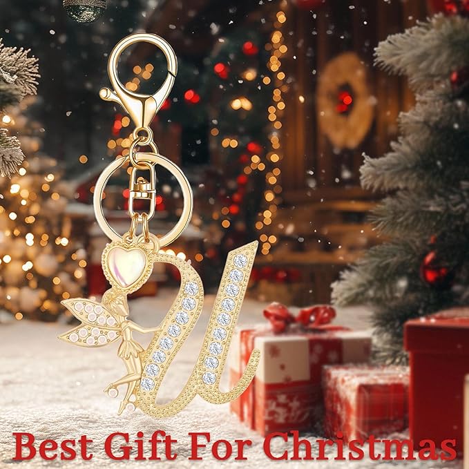 Gold Plated Alphabet Initial Letter Keyring Keychain for Women Girls Crystal Key Chains for Wallet Backpack Bag Charm