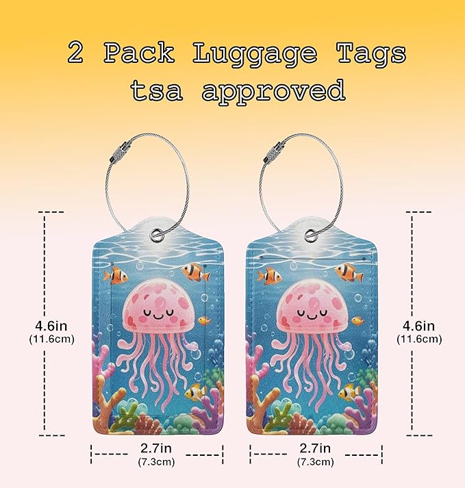 2 Pack Luggage Tag for Suitcase Cute Jellyfish Leather Travel Cruise Luggage Tag with Stainless Steel Loop Name ID Label Privacy Cover for Adults Teens Travel Bag Labels Set