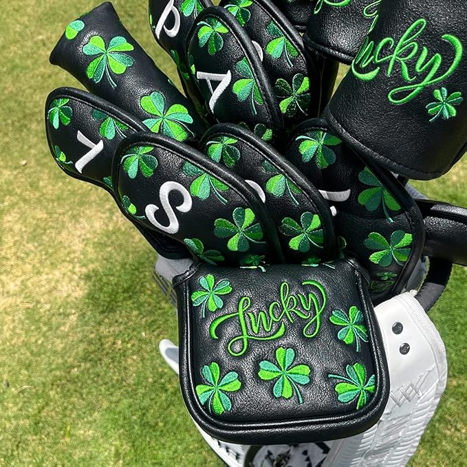Live Lucky Golf Club Headcover Shamrock Golf Head Cover Elegant Embroidery Premium Leather Driver Covers Fairway Wood Covers Hybrid Headcovers Mallet Blade Putter Covers