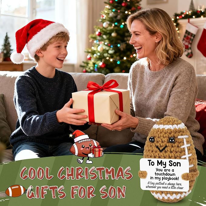 Mini Funny Son Gifts from Mom Dad, Birthday Gifts for Adults Boys Bonus Step, Positive Football Doll Cheer Up Presents with Inspirational Card, Handmade Emotional Crochet Football for Graduation