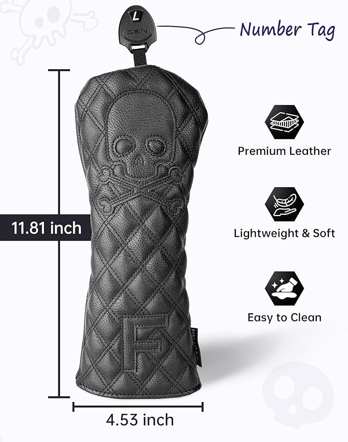 Golf Club Covers – Driver Headcover, Black Skull Leather, Fairway Wood & Hybrid, 3 Wood Headcover, Waterproof Easy-Clean, Universal Fit