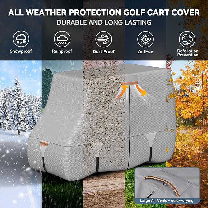 Tuszom 100% Waterproof 1200D Solution-Dyed Golf Cart Cover Universal Fit Yamaha,Honda,Club Car,EZGO and Most Brand Golf Cart for 2/2+2/4/4+2/6 Seats with Zipper Door,Storage Bag