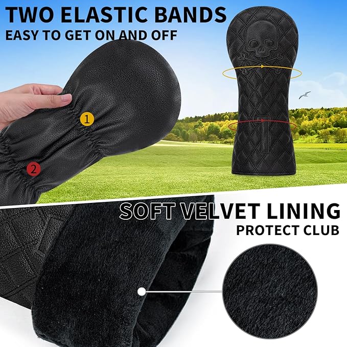 Grid Black Line Skull Golf Club Covers – Driver Headcover, Fairway Wood & Hybrid, 3 Wood Headcover, Black Skull Leather, Waterproof Easy-Clean, Universal Fit The Most Brands