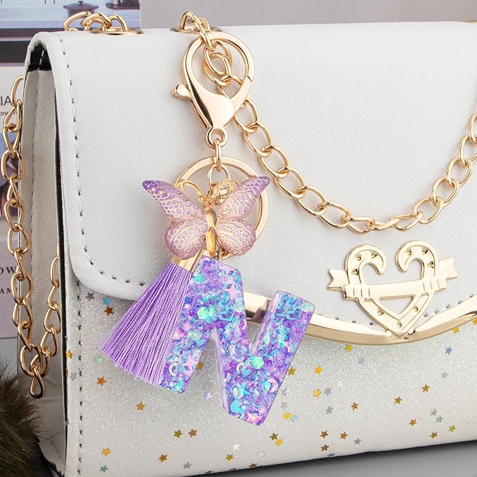 Suweibuke Colourful Cute Initial Letter Keychains for Women Girls with Tassel Butterfly, Charm for Purse Handbags Backpacks