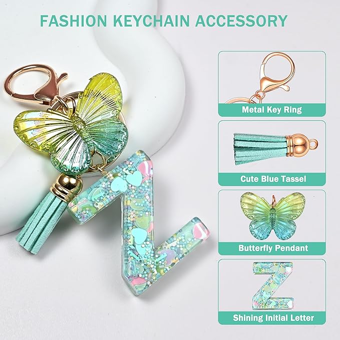 JINGUAZI Initial letter Keychains for Women Tassel Butterfly Pink Purple Cute Car Keychain for Wallet Backpack bag charm