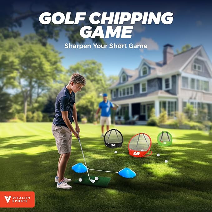 Vitality Sports Golf Chipping Net, 3PCS Pop-Up Golf Practice Net for Backyard, Indoor Outdoor Chipping Game with 3 Targets, 1 Hitting Mat, 20 Balls, Tee Box