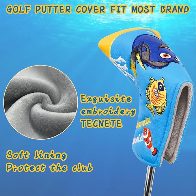 Golf Club Head Covers, Underwater World Driver Headcover Hybrid Headcover Fairway Wood Head Covers Magnetic Blade Putter Cover with Interchangeable Tags for All Brand