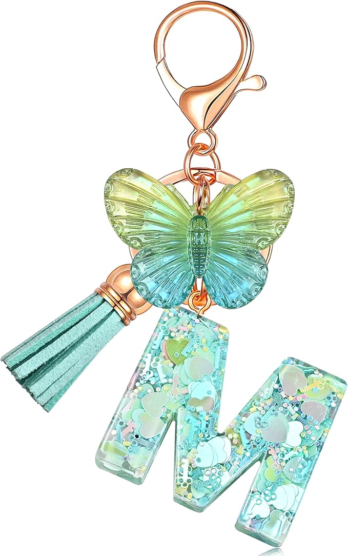 JINGUAZI Initial letter Keychains for Women Tassel Butterfly Pink Purple Cute Car Keychain for Wallet Backpack bag charm