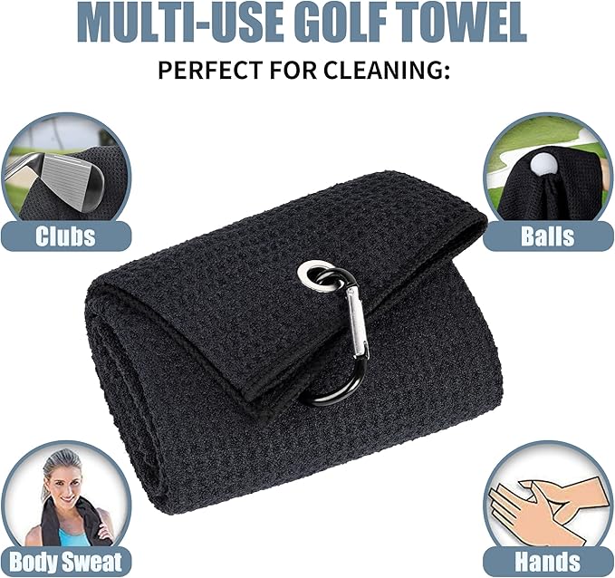 Mile High Life Tri-fold Golf Towel | 16" X 24" | Premium Microfiber Fabric | Waffle Pattern | with Heavy Duty Carabiner Clip | for Men and Women (Black)