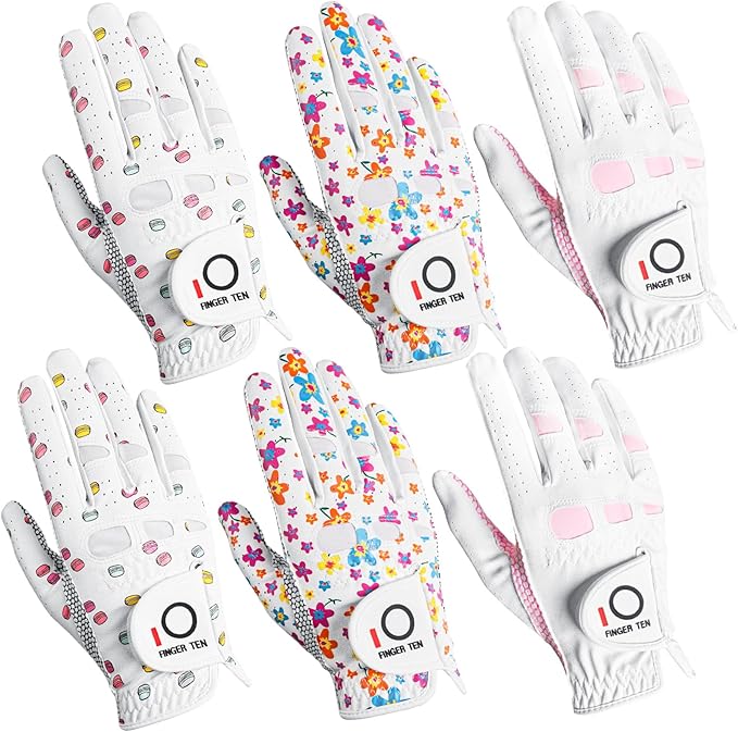FINGER TEN Women’s Golf Gloves Ladies Left Hand Right Handed Golfer Value 6 Pack, All Weather Rain Grip Glove Pink Fit Small Medium Large XL