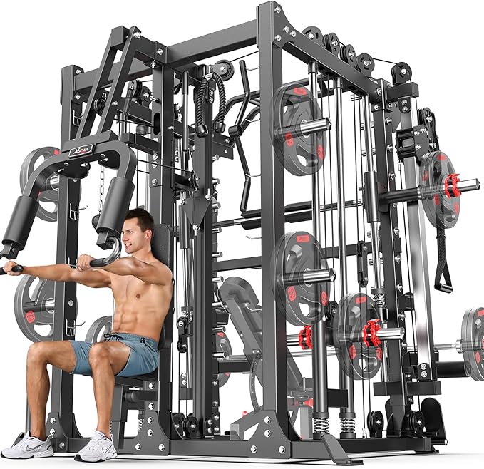 Smith Machine，Multi-Function Squat Rack Power Cage with Cable Crossover System,with Optional Weight Bench, Olympic Barbell Weight Set, for Home Gym