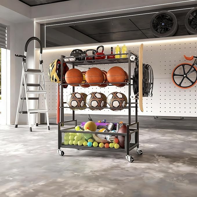 SOYEEZE Sports Equipment Organizer- Ball Storage for Garage,4 Tiers Outdoor Toy Storage,Soccer Racks,Basketball Shooting Training Stand Cart with Wheels and Hooks for Home-School and Gym Use
