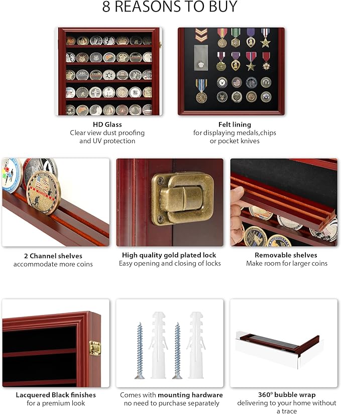7 Rows Challenge Coin Holder Display Case with HD Tempered Glass Holds 100 coins, Wall-Mountable Military Shadow Box Cabinet with Removable 2-Groove Shelves for Medals and Casino Poker Chips, Mahogany