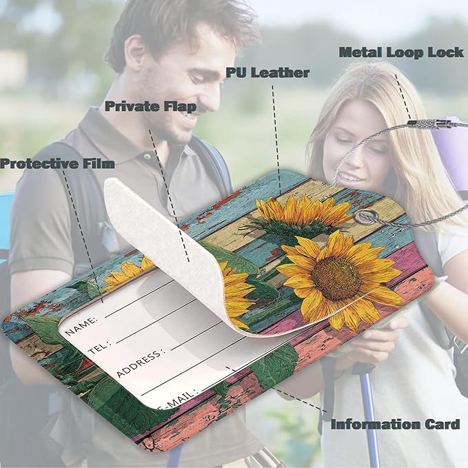 Set of 3 Luggage Tags, Sunflowers Leather Suitcases Tag Identifiers with Privacy Name Address Labels & Durable Steel Loop for Women Men Travel