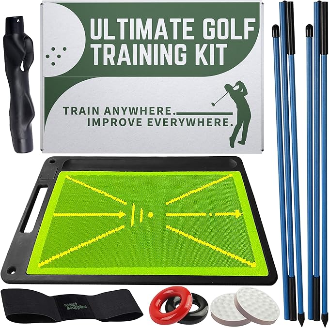 6-in-1 Golf Training Aid with Divot Board, Golf Grip Trainer, Swing Trainer, Alignment Sticks | Golf Accessories for Men & Women | Hitting Mat Practice Indoor & Outdoor