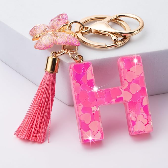 Suweibuke Colourful Cute Initial Letter Keychains for Women Girls with Tassel Butterfly, Charm for Purse Handbags Backpacks