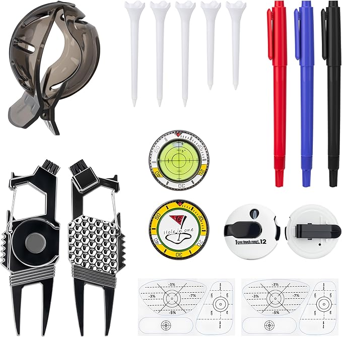 Golf Essentials Kit | Must Have Golf Accessories - Golf Green Reader, Divot Repair Tool, Golf Ball Marker, Golf Score Counter, Golf Tee Holder, Golf Impact Tape, Golf Gifts for Men