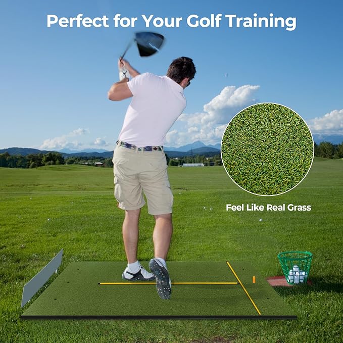 Goplus Golf Mat, 5x3ft/5x4ft Golf Hitting Mat 20/25/27/32mm Thick w/2 Alignment Sticks & 2 Golf Tees, Portable Artificial Turf Grass Training Mat Practice for Indoor Outdoor