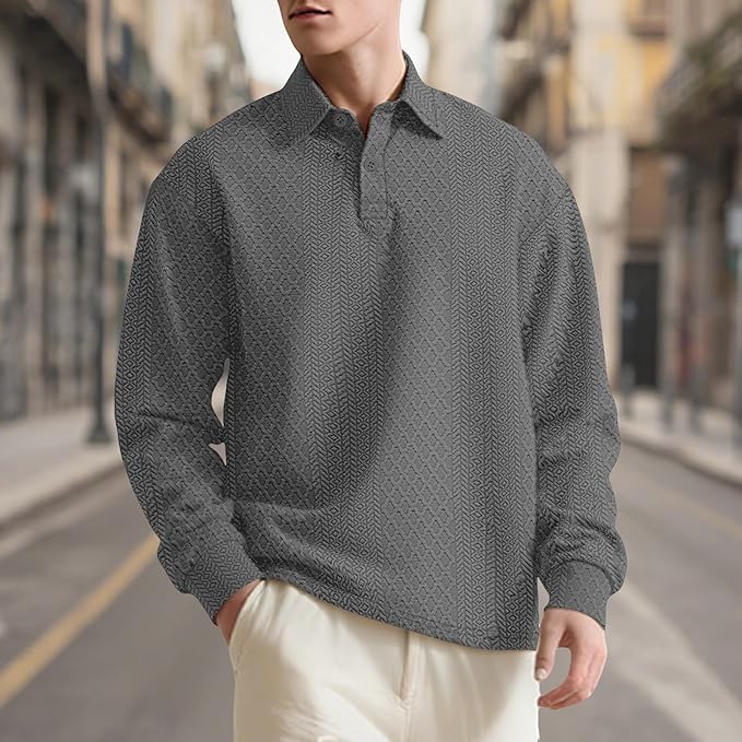 Stylish Polo Shirts for Men Textured Button Down Mock Neck Casual Tops Comfy Solid Color Long Sleeve Golf Pullover