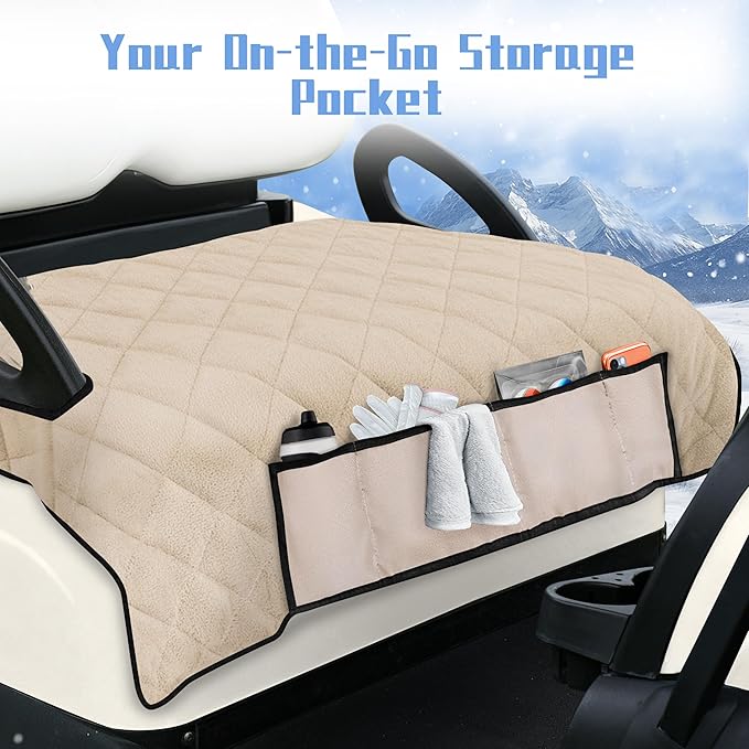 YOKYHOM Golf Cart Seat Covers with 4 Front Pockets, Thick and Non-Slip Golf Cart Seat Towel Blanket, Fits for EZGO, Yamaha, Club Car and More 2 Seats Golf Carts, Khaki