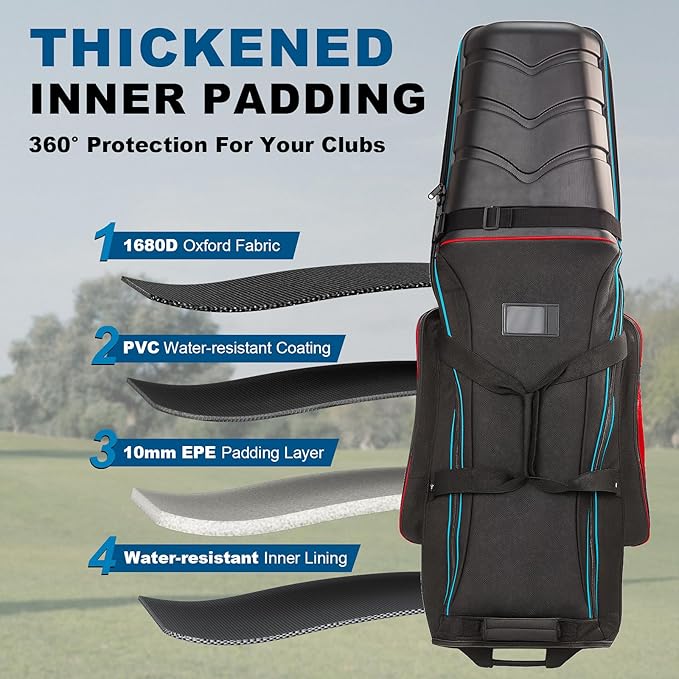 Golf Travel Bags for Airlines with Hard Case Top & Wheels, Hard Shell Top Protect Golf Club, Made of 1680D Heavy Duty Oxford, Internal Strap for Fixing, Lightweight and Easy to Maneuver