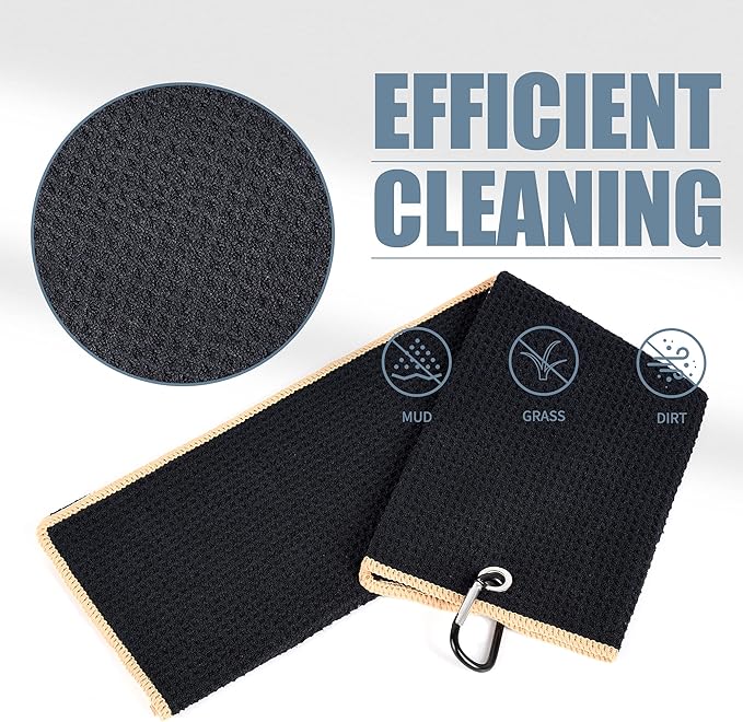 Mile High Life Tri-fold Golf Towel | Premium Microfiber Fabric | Waffle Pattern | with Heavy Duty Carabiner Clip | for Men and Women (2 Pack Black/Yellow)