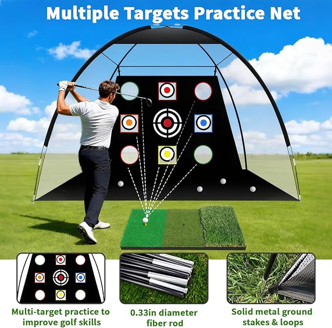 Golf Net Set with Tri-Turf Mat 10x7FT Golf Practice Net for Indoor Outdoor Training, Portable Golfs Accessories for Men, for Men & Lovers