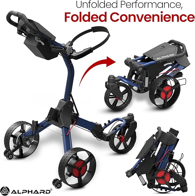 Alphard Electric Golf Cart with Remote - Cybercart Electric Golf Caddy, Motorized Golf Caddy w Accessories - Cup Holder, Umbrella Holder, Anti-tip Wheels, Phone Holder, Magnetic pad - Compact Folding