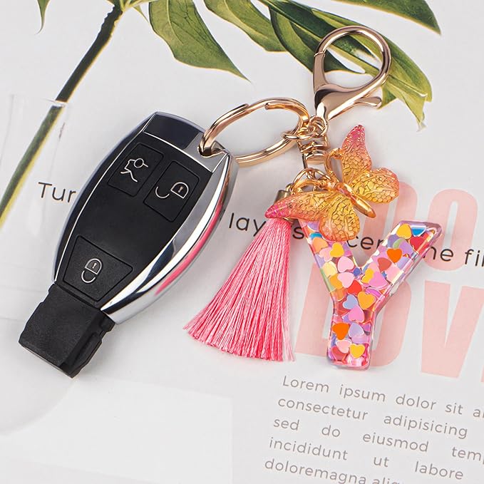 Suweibuke Colourful Cute Initial Letter Keychains for Women Girls with Tassel Butterfly, Charm for Purse Handbags Backpacks
