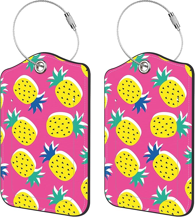 2 Pack Luggage Tags for Suitcase,Tropical Pineapple Fruit PU Leather Luggage Tags with Privacy Cover Name Address Labels and Steel Ring,Creative Travel Accessories for Men and Women