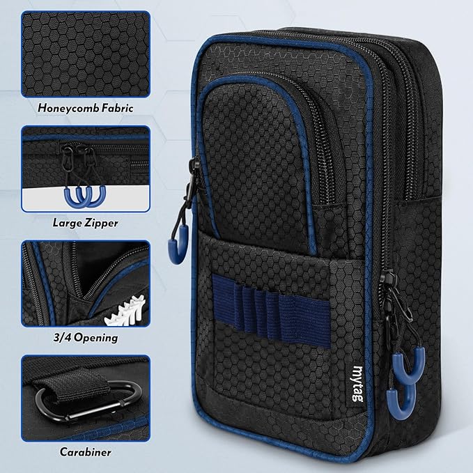 mytag Golf Ball Bag Pouch | Store 12-15 Balls, Golf Valuables Pouch Portable Outfit Organizer Bag Organizer Case Multipocket (Blue/Black)