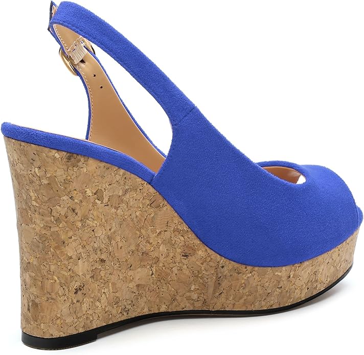 Womens Wedge Platform Sandals Peep Open Toe Slingback Buckle High Heel Dress Shoes Pumps Suede 3.94 Inch