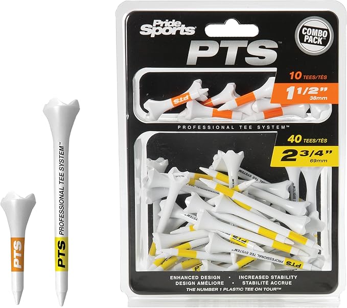 PrideSports PTS Plastic Golf Tees | Combo 50 Pack - 40 2-3/4” and 10 1-1/2” | #1 Plastic Tee on Tour | The Perfect Tee for Any Hole