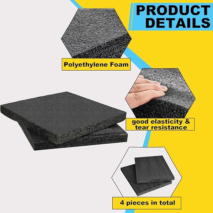 Treela 4 Pcs Customizable Polyethylene Foam Sheets 16x12x1.5" Black Thick Cuttable Foam Padding Inserts for Cases, Polyethylene Block Sheets for Packing Toolbox Storage and Craft Pad